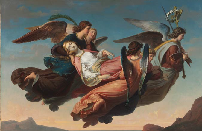 Winged human figures carry a reclined woman in flight.