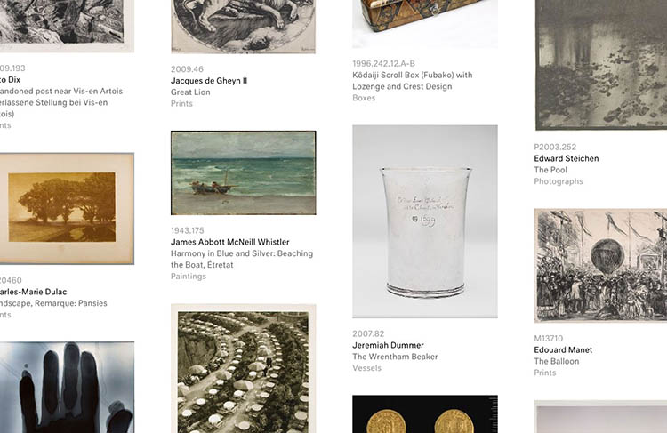 A screenshot capturing a portion of object results from the Harvard Art Museums collections search interface.
